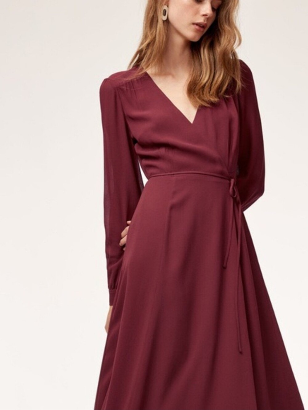 Aritzia Wilfred Lina Burgundy Wrap V-Neck Long Sleeve Dress in XS